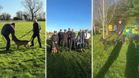 North Yorkshire Police Three side-by-side images of the North Yorkshire Police dog unit in action, in a grassy field.
