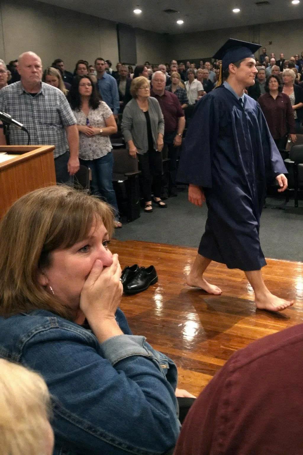I Worked Two Jobs to Raise My Son Alone — And at His Graduation, He Took Off His Shoes,..